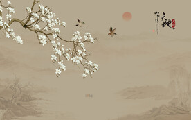 新中式玉兰花鸟画背景墙壁画