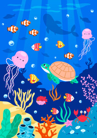 卡通蓝色海底动物海龟热带鱼背景