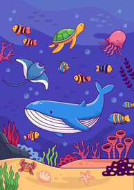 手绘海底热带鱼卡通鲸鱼水下背景