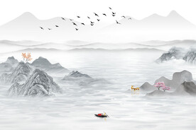 新中式意境国画手绘水墨背景墙