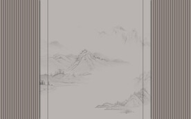 新中式格栅木纹山水画背景墙
