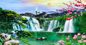 迎客松瀑布山水画