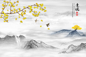 新中式意境发财树山水花鸟背景墙