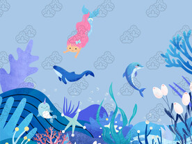 蓝色海洋小美人鱼鲸鱼插画