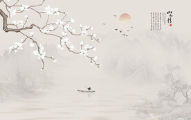 新中式玉兰花鸟画背景墙