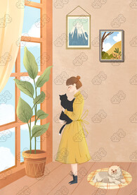 窗边抱着猫咪的女孩