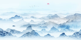 蓝色意境水墨山水画 壁画