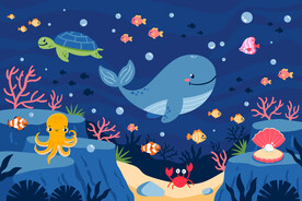 手绘海底卡通海洋动物鲸鱼背景墙