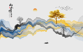 新中式线条水墨山水一鹿高升背景