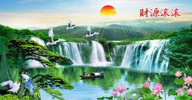 迎客松瀑布山水画