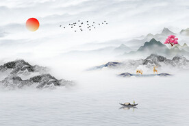 新中式水墨古典山水意境背景墙