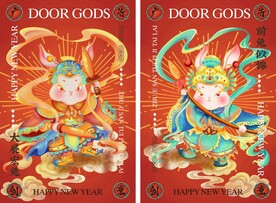 兔年原创手绘门神兔年插画