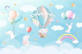 卡通彩虹云朵可爱动物热气球背景