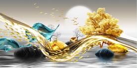 山水画背景墙 弧线 石头麋鹿