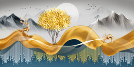 山水画背景墙 弧线飘带 麋鹿