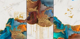 山水画背景墙 麋鹿 杏叶