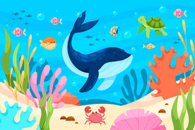 卡通鲸鱼海底动物珊瑚热带鱼背景