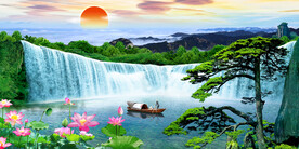 迎客松瀑布山水画