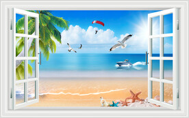 蓝天白云大海沙滩3D立体窗画
