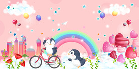 粉红色企鹅卡通背景墙