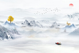 新中式意境水墨山水瀑布电视背景