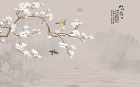 新中式手绘花鸟画背景墙壁画