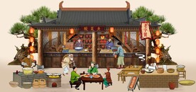 古代市井酸菜鱼背景墙壁画