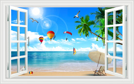 蓝天白云大海沙滩窗画