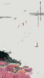 国画水墨山水画江南春色