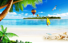 蓝天白云大海沙滩背景墙