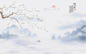新中式兰花鸟画山水情背景墙