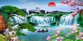 迎客松瀑布山水画