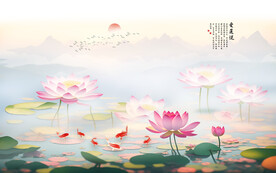 中式荷花背景墙