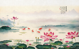 新中式手绘水墨荷花背景墙