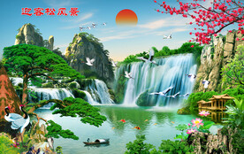 迎客松山水影壁墙画