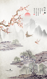 山水情花鸟画玄关壁画