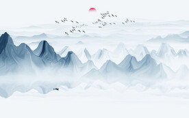 蓝色大气抽象水墨山水画