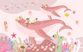 粉色花朵卡通鲸鱼儿童房背景墙