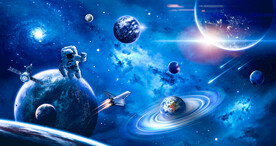 蓝色宇宙星球太空火箭宇航员背景