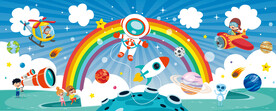 卡通彩虹宇航员太空星球火箭背景