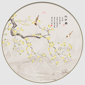 圆形新中式工笔花鸟画背景图