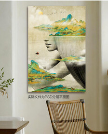 新中式诧寂风千里江山图抽象美女