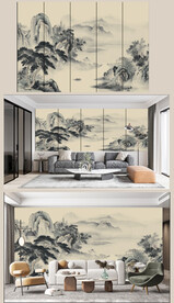 新中式仿古山水壁画