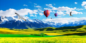 雪山草地风景画