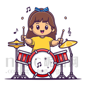 可爱卡通打架子鼓的小女孩