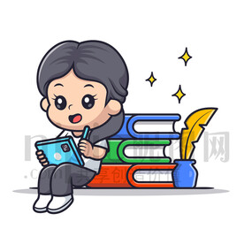 可爱卡通用心学习的小女孩