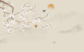 新中式山水工笔花鸟画背景