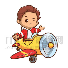 可爱卡通小男孩坐飞机