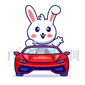 可爱卡通坐小汽车的小白兔