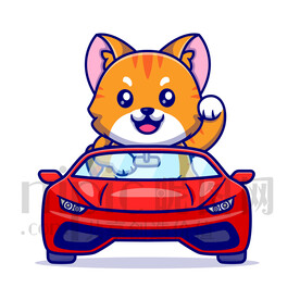 可爱卡通坐小汽车的小猫